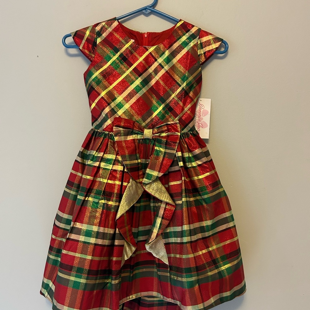 Bonnie Jean Festive Plaid Dress with Gold Bow